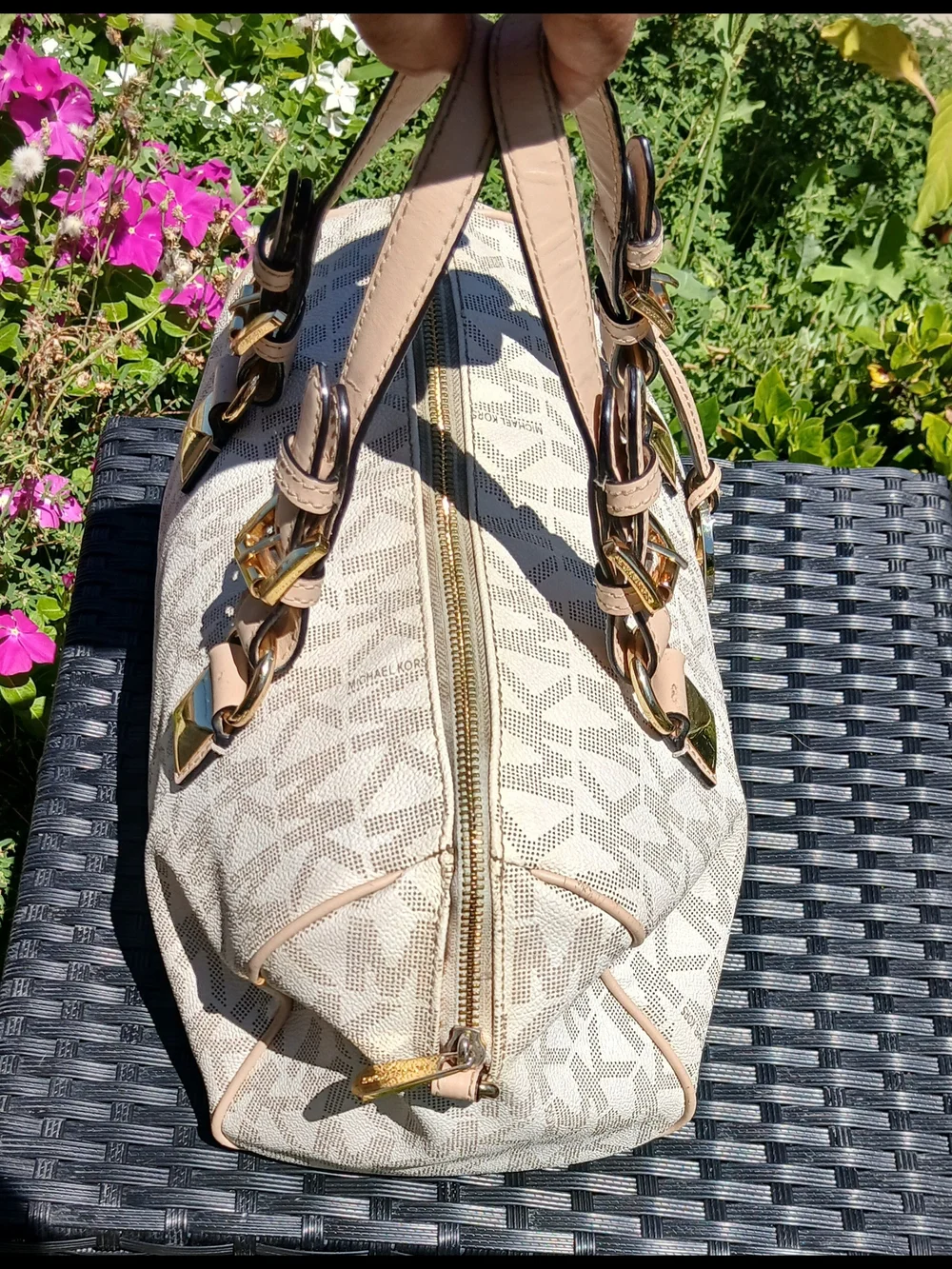Michael Kors Cream Logo Satchel with Beige Trim